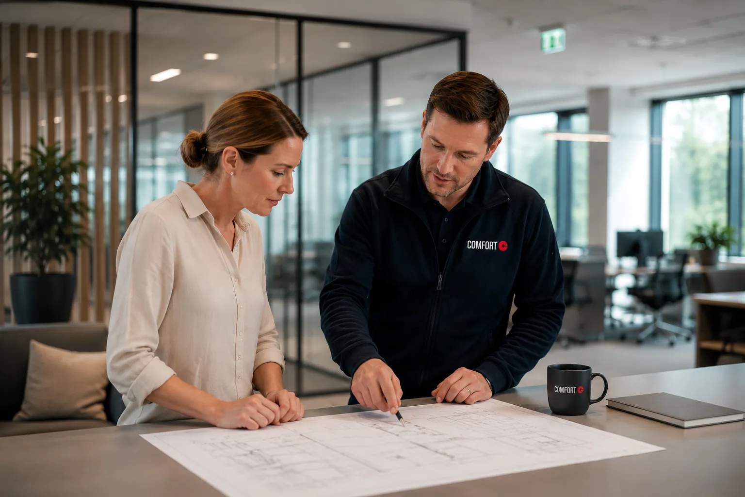 ventilationsmontör och kund som kollar på ritning